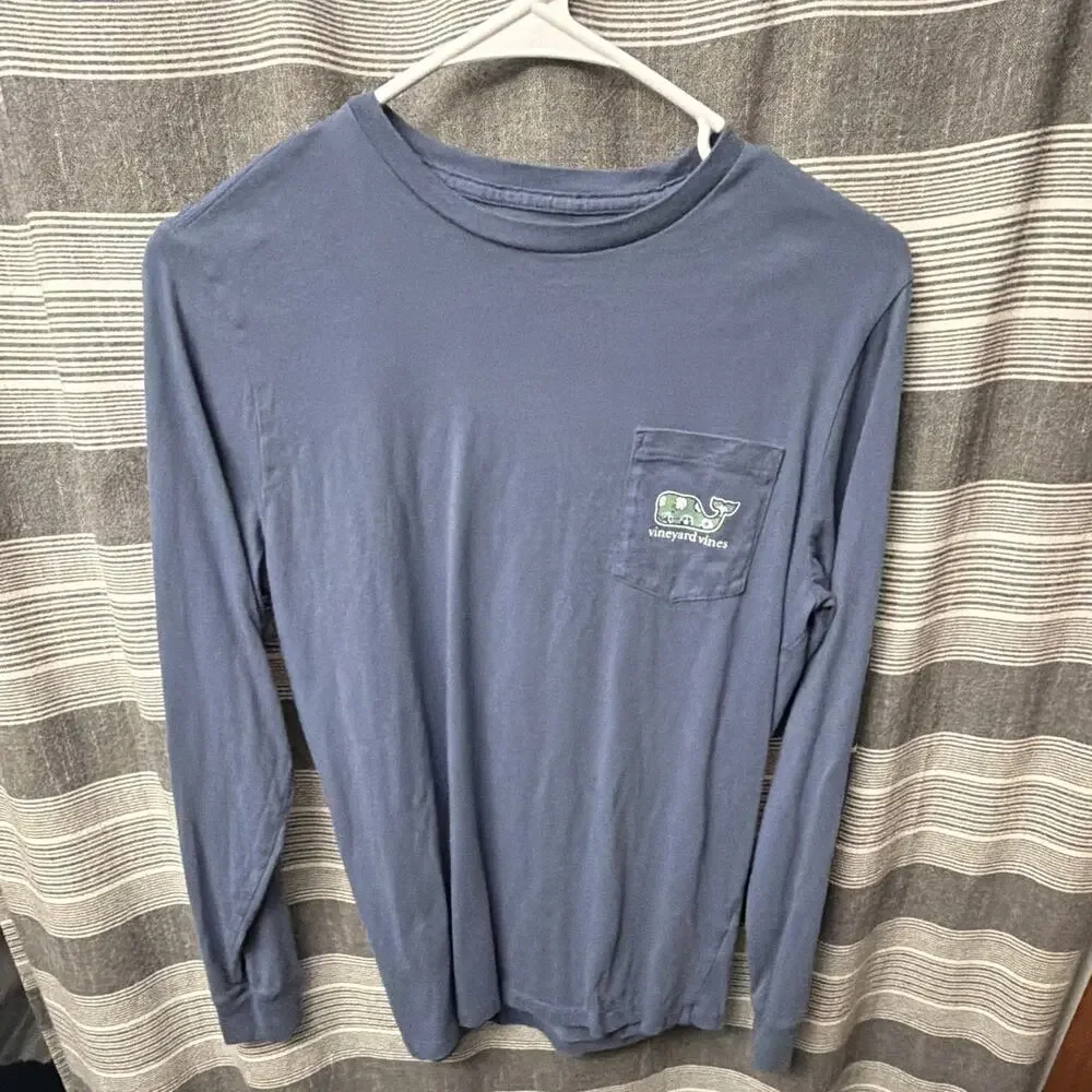 Vineyard Vines Boys Youth Large Long Sleeve Pocket T Shirt Blue Whale Logo